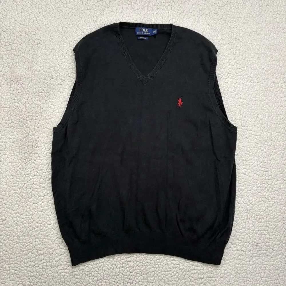 Polo Ralph Lauren Mens Black‎ V Neck Pima Cotton Sweater Vest Size XXL Red Pony